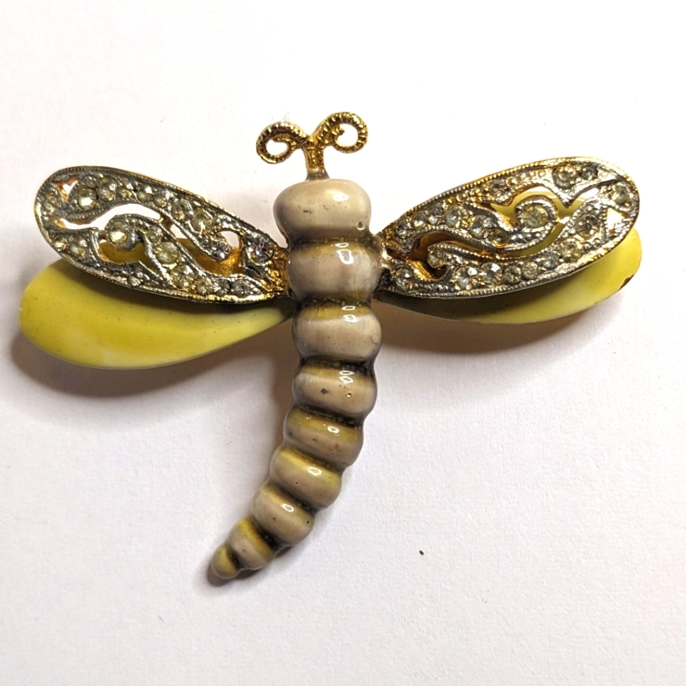 Vintage BSK Signed Dragonfly Brooch‎ – Rare Figural Rhinestone & Enamel Jewelry